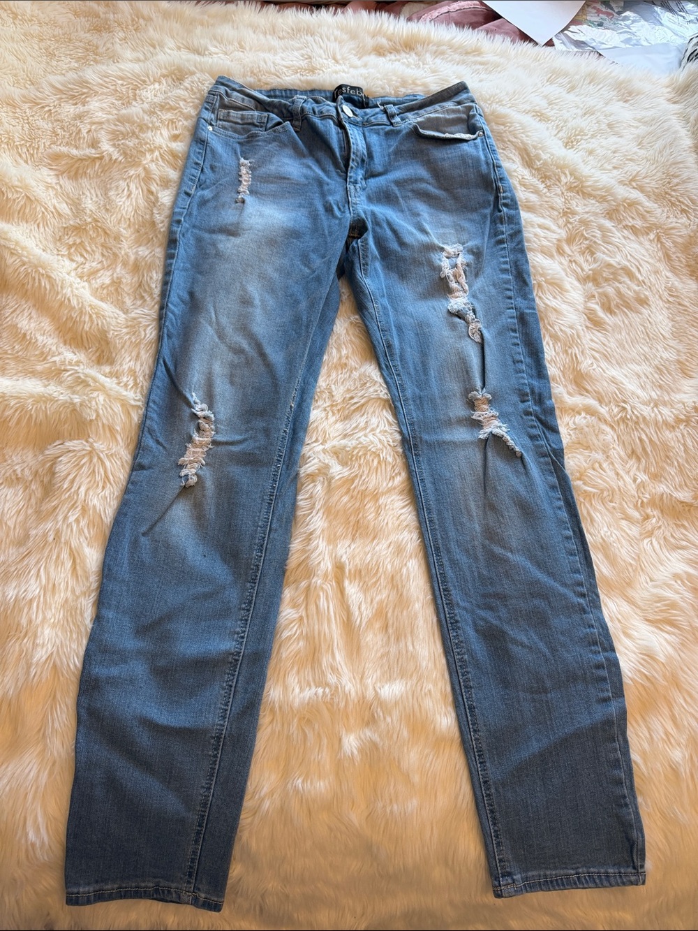 Straight Leg Distressed Women's Jeans in Medium Blue